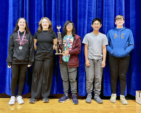 PV 8th Grade Mathletes team pose proudly with second place team trophy at SWIC Mathletes Competiition